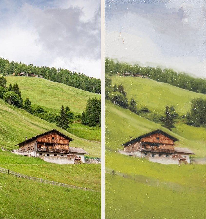 A photograph of a wooden farmhouse on a green Alpine hillside under clouds, and beside it the oil painting the engine made from it