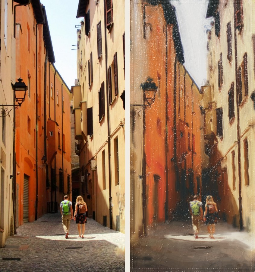 A photograph of a narrow street of orange and cream houses in Bologna, two walkers seen from behind, and beside it the oil painting the engine made from it