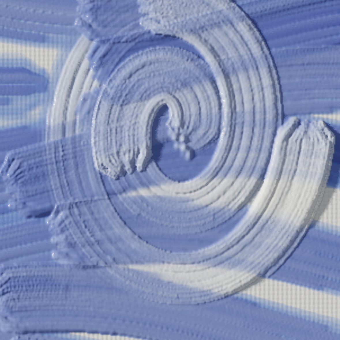 A thick white swirl of paint over blue strokes, each ridge of the brush catching the light