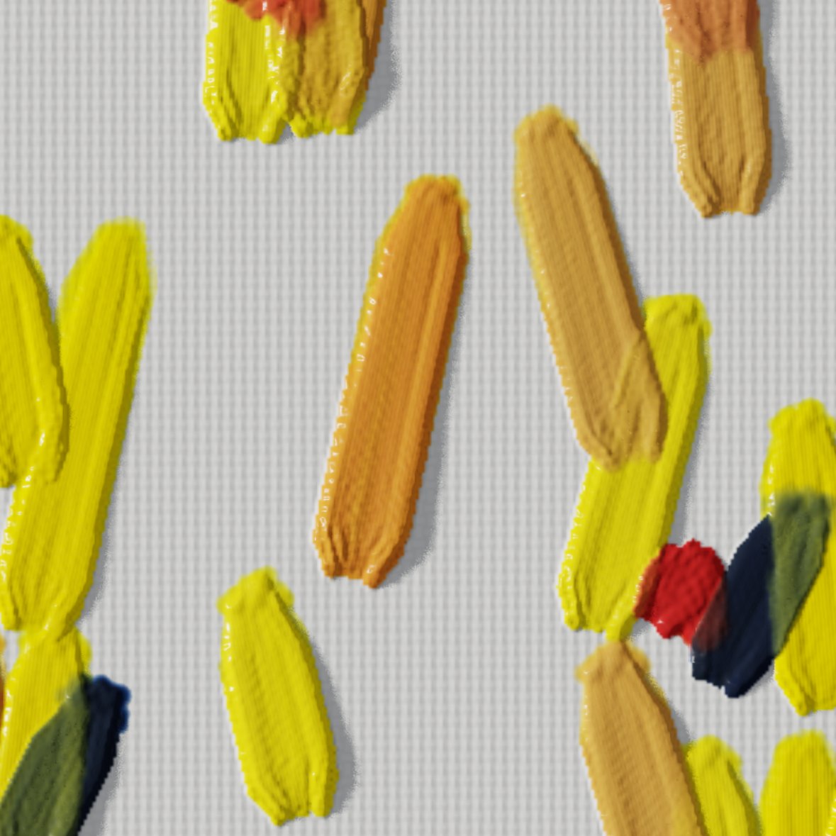 Dabs of red and near-black laid over wet yellow strokes